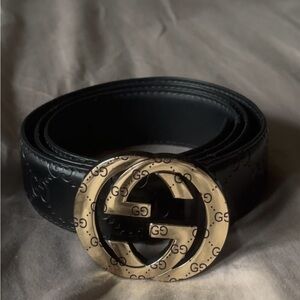 Gucci Black Leather Belt with Gold GG Buckle